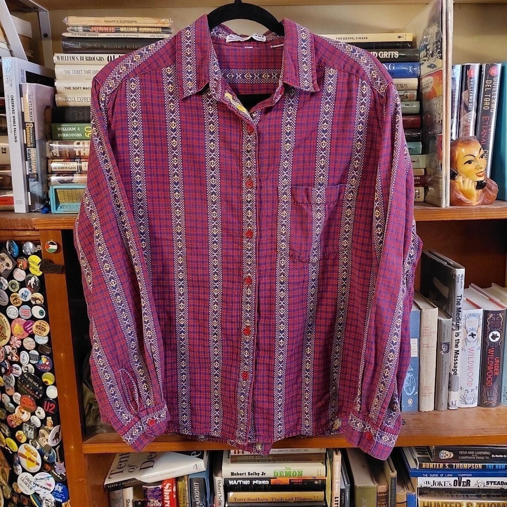 Vintage 80s Western Striped Button Up Shirt Red Purple Southwestern Large